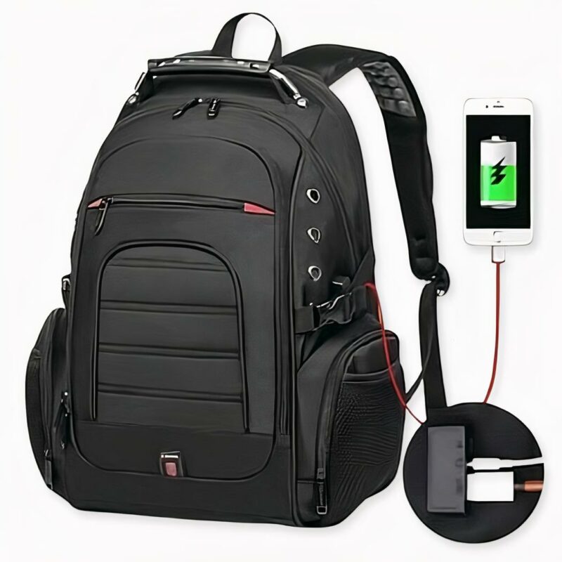 Sac_à _dos_de_voyage_avec_système_anti_vol_2 reisrugzak met antidiefstalsysteem op lichtgrijze achtergrond.