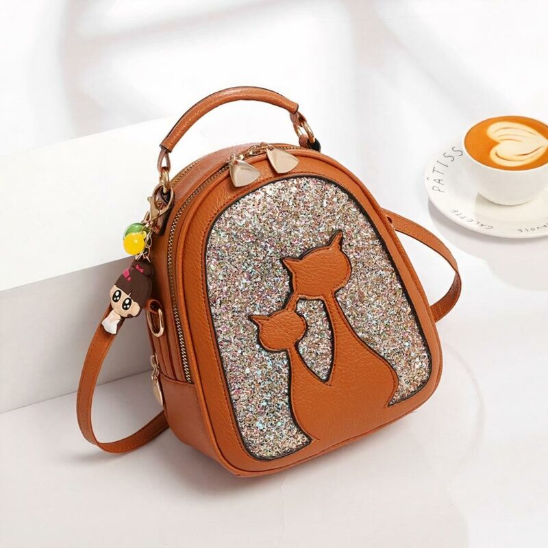 Glitter leren rugzak met kattenmotief - Bruin - Handtas Riem