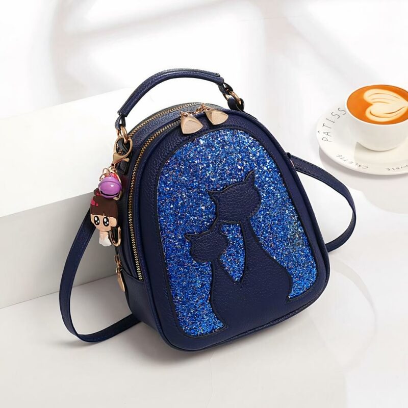 Kat patroon leren glitter rugzak - Blauw - Handtas Rugzak