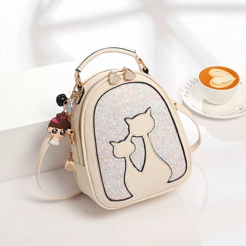 Glitter leren rugzak met kattenmotief - Beige - Handtas