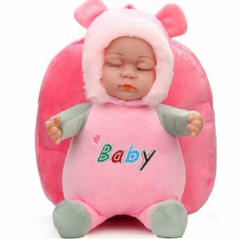Roze 3D pluche baby rugzak met witte achtergrond