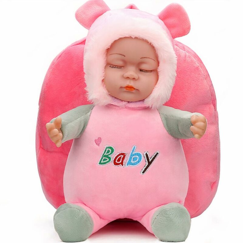 Roze 3D pluche baby rugzak met witte achtergrond