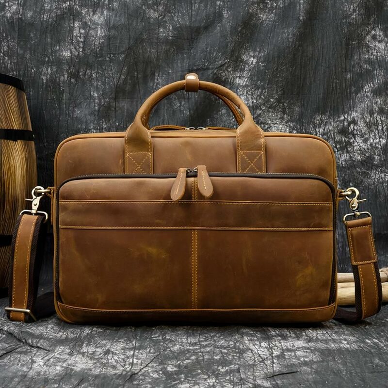 Vintage schoudertas voor heren - Beige - Leren laptoptas