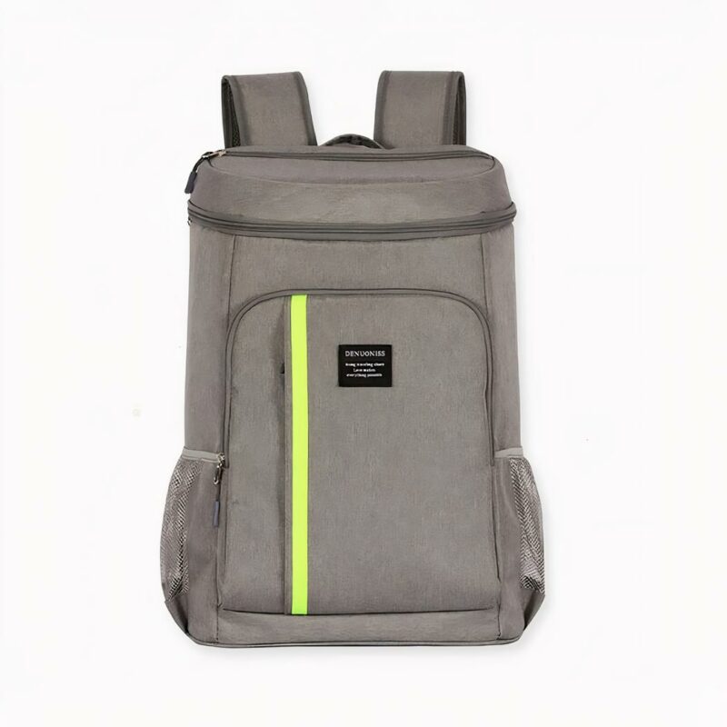 IMG_Sac_ý _dos_pique-nique_avec_bande_verte_1F Val voor deze grote, mooie picknickrugzak! Een rugzak die net zo geschikt is voor mannen als voor vrouwen. Hij heeft een groene streep voor een sportieve look. Deze geïsoleerde rugzak is ideaal voor een picknick, maar kan ook gebruikt worden voor een sportschool, fitnesscentrum of klimpartij.