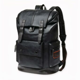 Deze zwarte leren rugzak is perfect voor op reis.