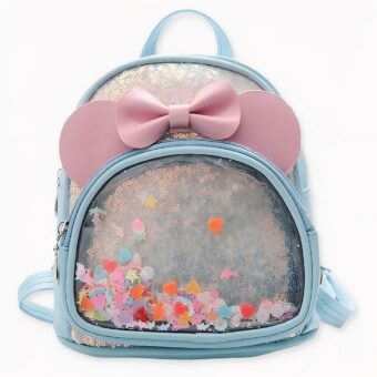Kleine blauwe meisjesrugzak met roze strik. Goede kwaliteit en zeer trendy.