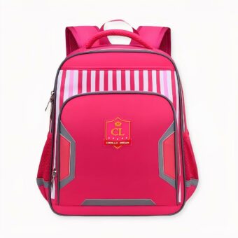 Roze reflecterende schoolrugzak met witte achtergrond en tasafmetingen. Goede werkbaarheid en geweldige stijl.