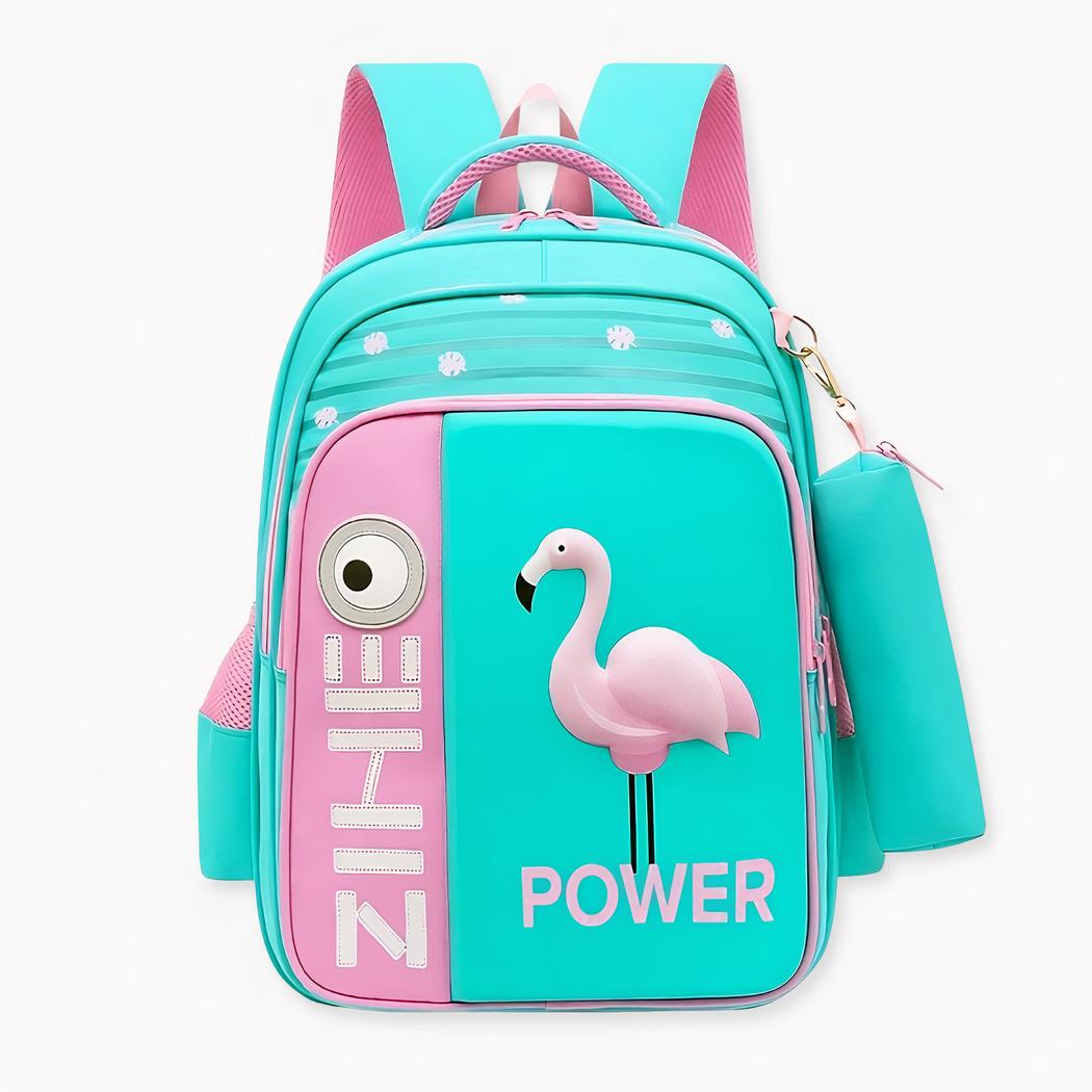 Schoolrugzak met 3D roze flamingomotief, groene kleur, goede kwaliteit en zeer trendy.