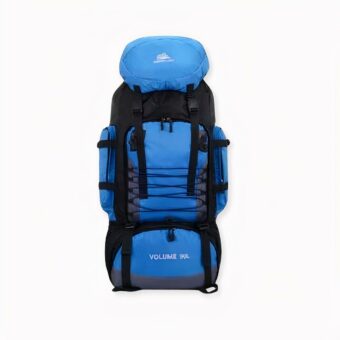 Grote 90L skitas in blauw met een lichtgrijze achtergrond.