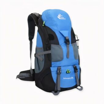50L waterdichte skirugzak in blauw op een lichtgrijze achtergrond.