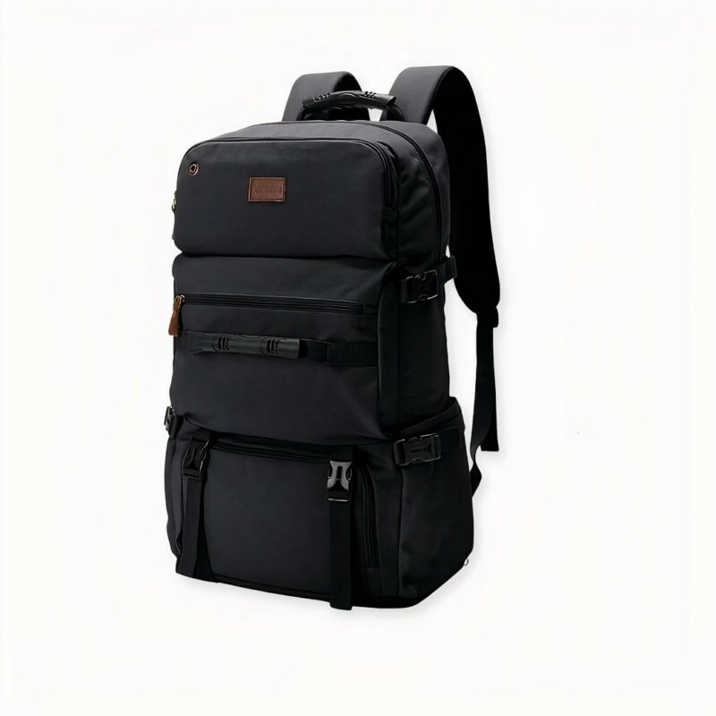 Reisrugzak van canvas in militaire stijl op een lichtgrijze achtergrond.