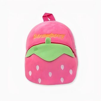 Roze van roze-rode aardbeien pluche rugzak. Goede verwerkbaarheid en geweldige stijl.