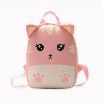 Kleine roze kattenrugzak voor kinderen met schattige ogen en roze oren.