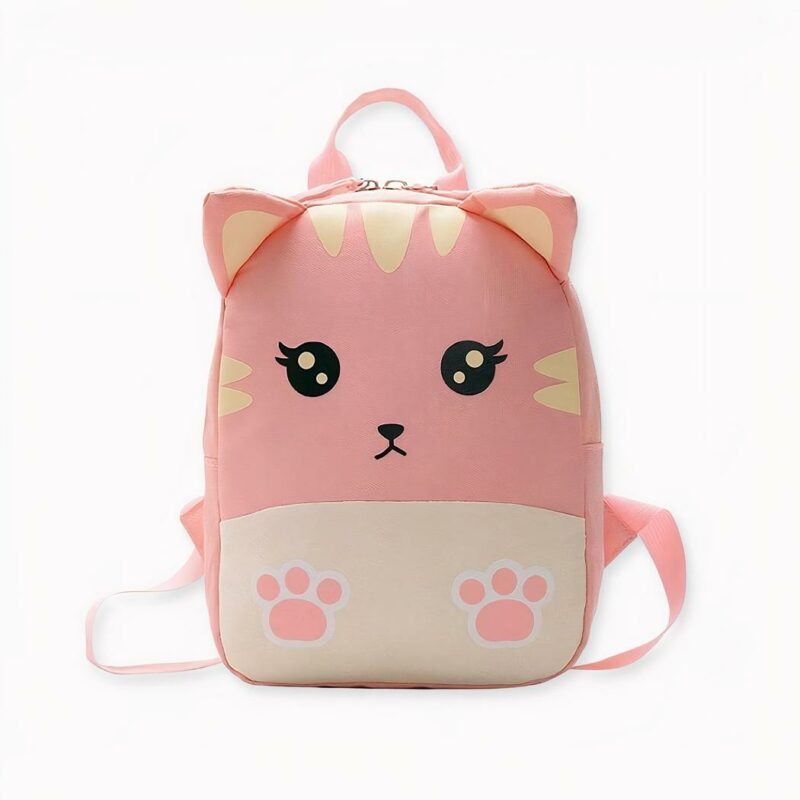 Kleine roze kattenrugzak voor kinderen met schattige ogen en roze oren.