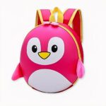 Roze en gele pinguïn rugzak met harde schaal voor kinderen.