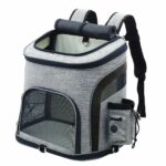 Grijs met zwarte dubbelopenende kattenrugzak met witte achtergrond
