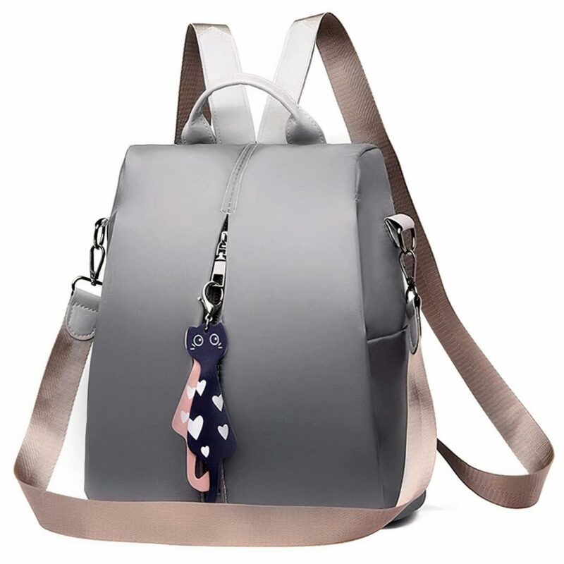 Roze en grijze Oxford damesrugzak met hanger en witte achtergrond