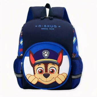 Patrouille rugzak in blauw en geel flanel.