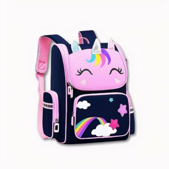 Blauwe en roze eenhoornrugzak met sterren en regenbogen voor meisjes.