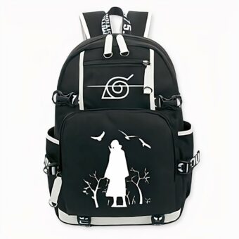 Zwart-witte rugzak met Itachi-patroon en zijvakken. Goede uitvoering en geweldige stijl.
