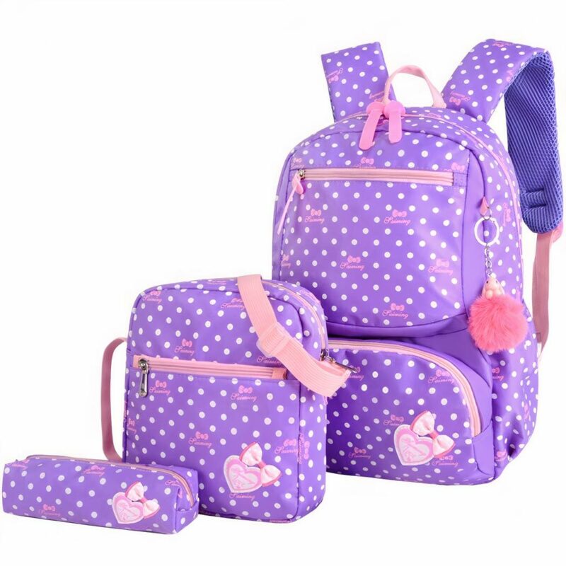Set van 02 tassen en een etui met stippenmotief en paarse pomponhanger op een witte achtergrond