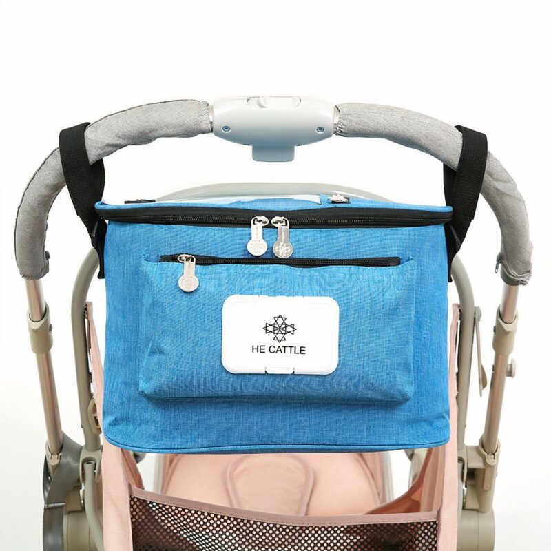Stijlvolle blauwe kinderwagen opbergtas met kinderwagenbak