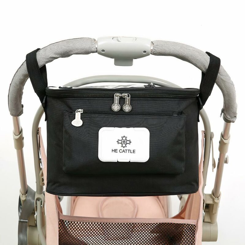 Elegante opbergtas voor kinderwagen in zwart met kinderwagenbak