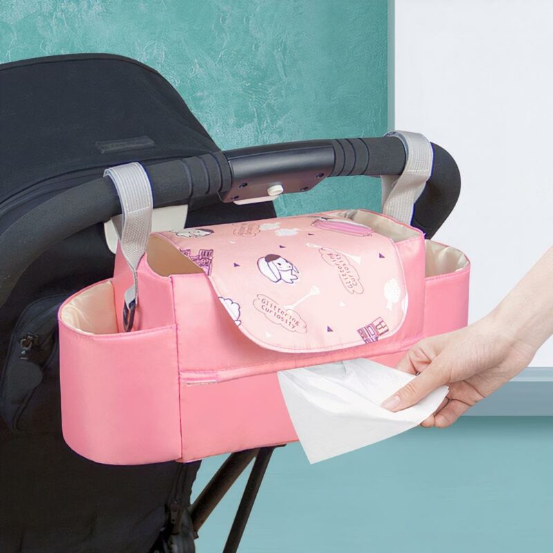 Polyester opbergtas voor kinderwagen, roze met patronen