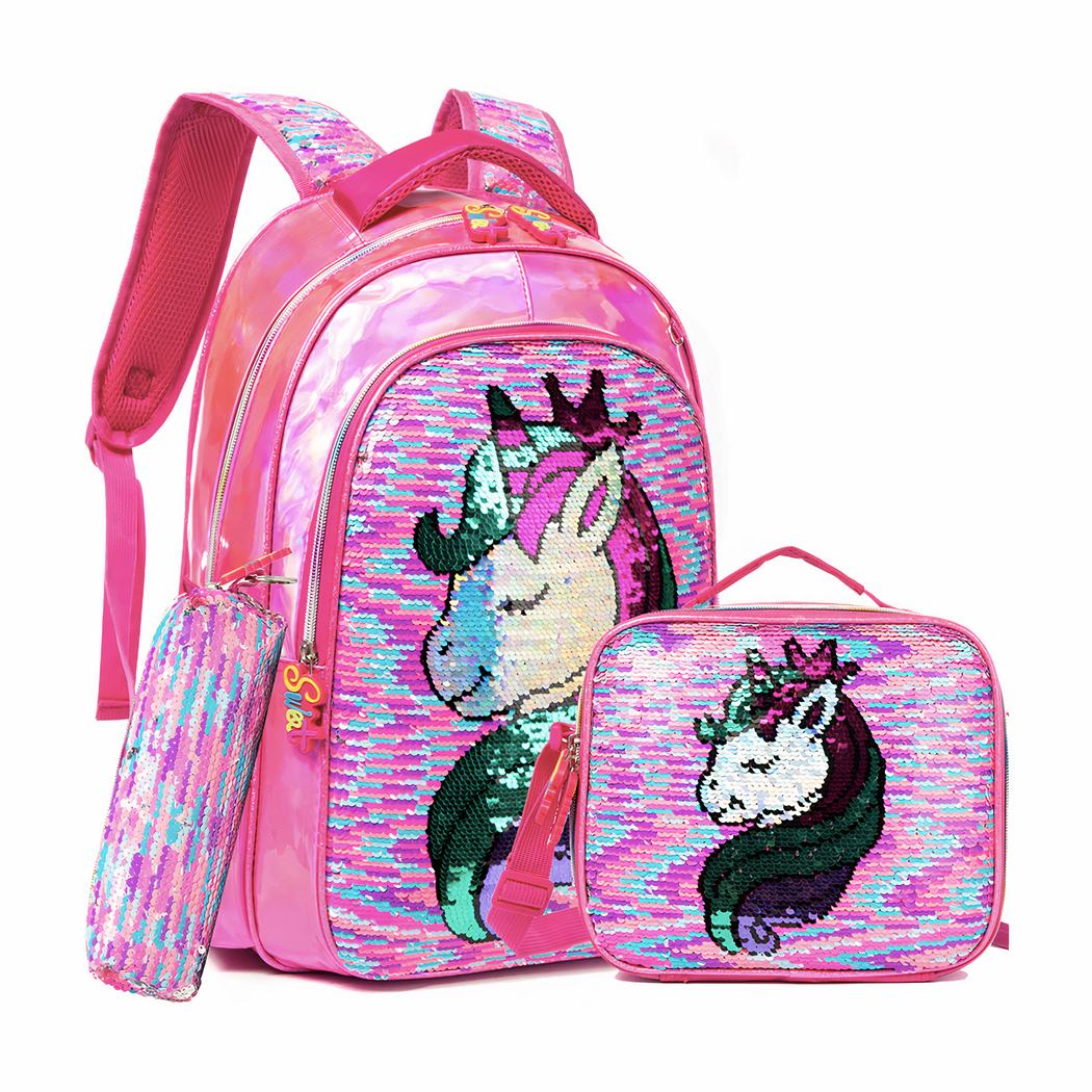 Glanzende unicorn pailletten schooltas en accessoires voor meisjes in model roze