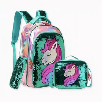 Glitterende eenhoorn schooltas en accessoires voor een groen meisje met roze details.