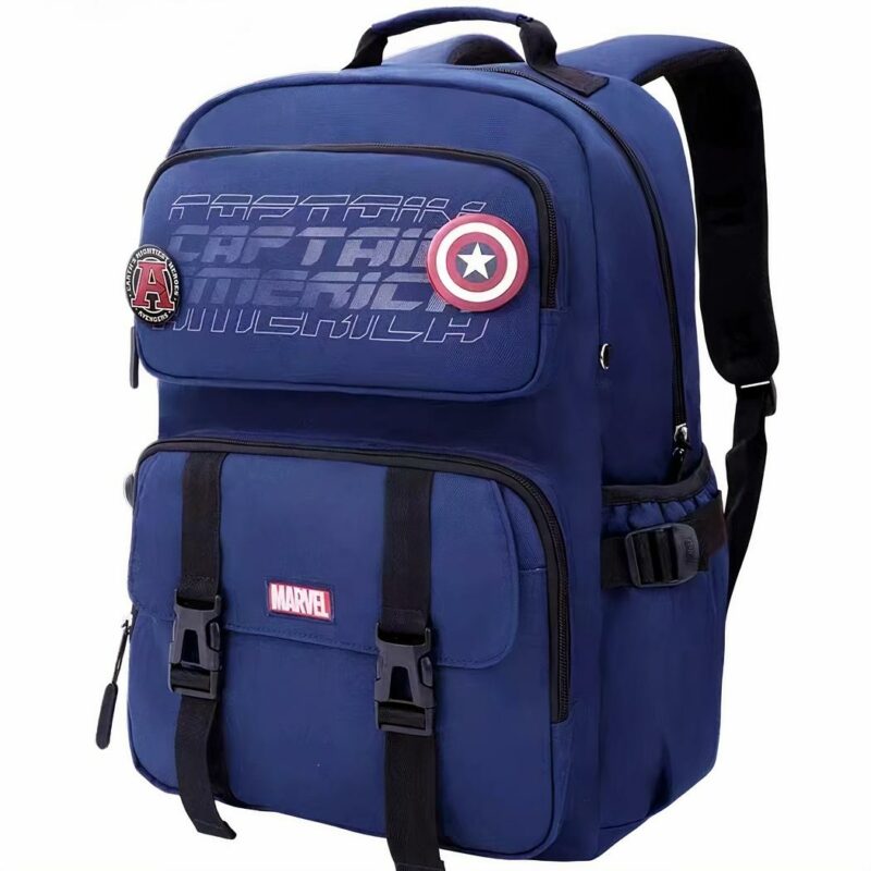 Donkerblauwe Marvel rugzak voor school met 2 externe vakken aan de voorkant met captain america erop geschreven, 46 cm hoog, 19 cm breed en 33 cm diep