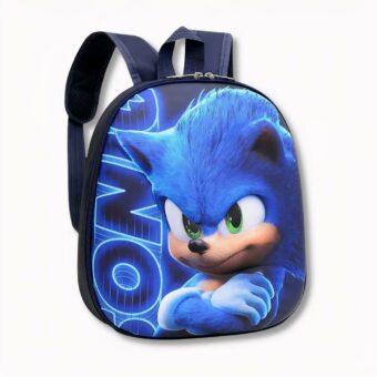 Kleine blauwe rugzak met harde schaal voor kinderen met Sonic op een lichtgrijze achtergrond