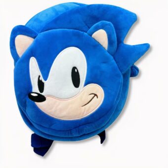 Blauwe rugzak met Sonic, met egelkop, op een lichtgrijze achtergrond