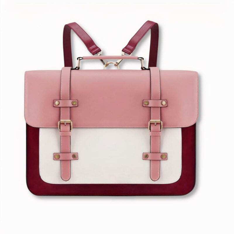 roze en witte satchel rugzak om te bouwen tot handtas, op een lichtgrijze achtergrond