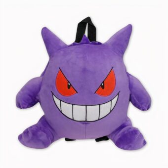 Foto van een Pokémon rugzak, De Pokémon heet Ectoplasma, is paars met ondeugende rode ogen, met een glimlach die boosaardig lijkt. Hij heeft een rond lichaam met vier poten en twee hoorns op zijn hoofd. Hij heeft ook een heleboel krakelingen en een goed handwerk op zijn hoofd. Alles op een lichtgrijze achtergrond.