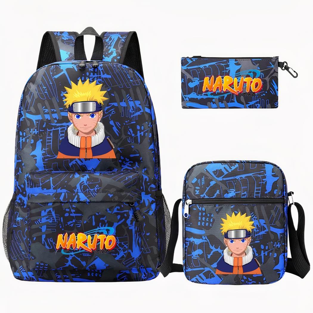Blauw met zwarte rugzak met het hoofd van Naruto op de bovenkant van de tas. De Naruto inscriptie op het voorvak in oranje tinten. Rechts een bijpassende schoudertas enui.