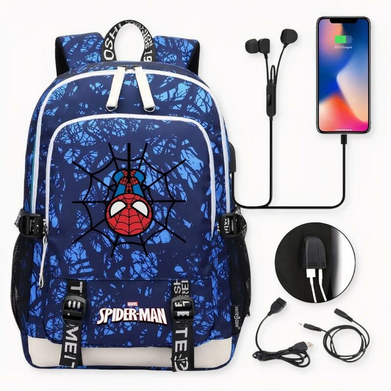 Deze Spiderman-rugzak met oplader is ideaal voor kinderen vanaf 6 jaar. Hij is perfect om al uw spullen in op te bergen. Bovendien kunt u er compatibele elektronische apparaten mee opladen. Perfect voor gebruik op scholen of door instanties wanneer u op vakantie bent.
