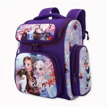 Paarse rugzak voor schoolmeisjes met Elsa en Anna motief, personages uit de Sneeuwkoningin.