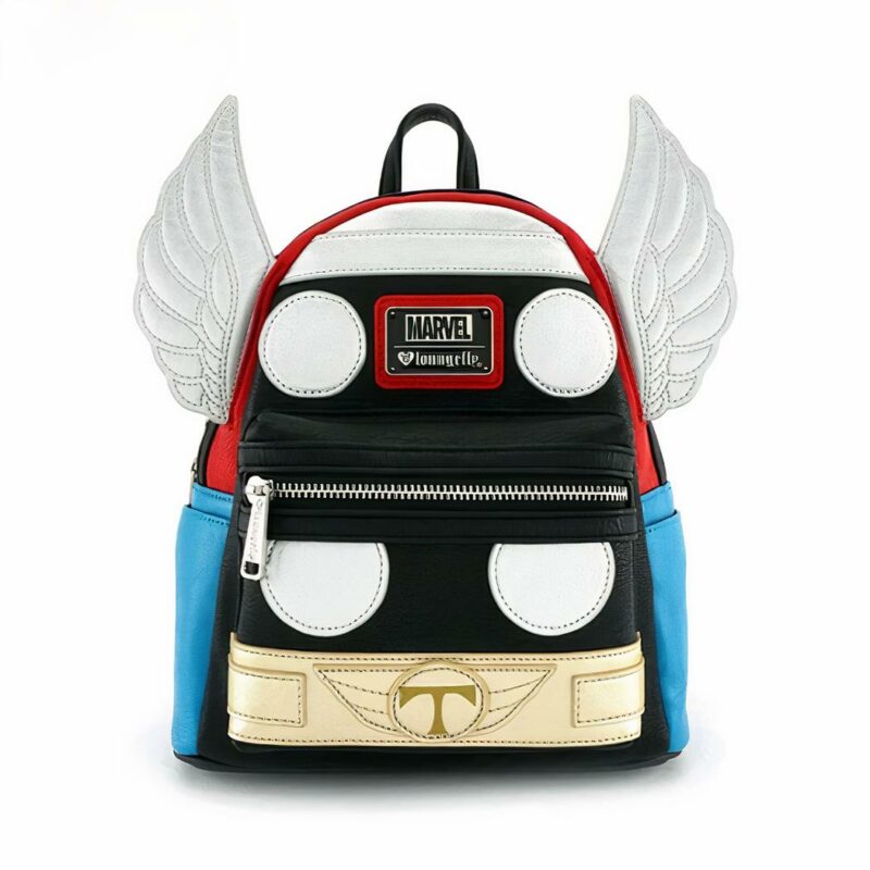Meisjesrugzak met Marvel Thor in blauw, rood en zwart met witte vleugels aan elke kant, 27 cm hoog, 24 cm breed en 13 cm diep