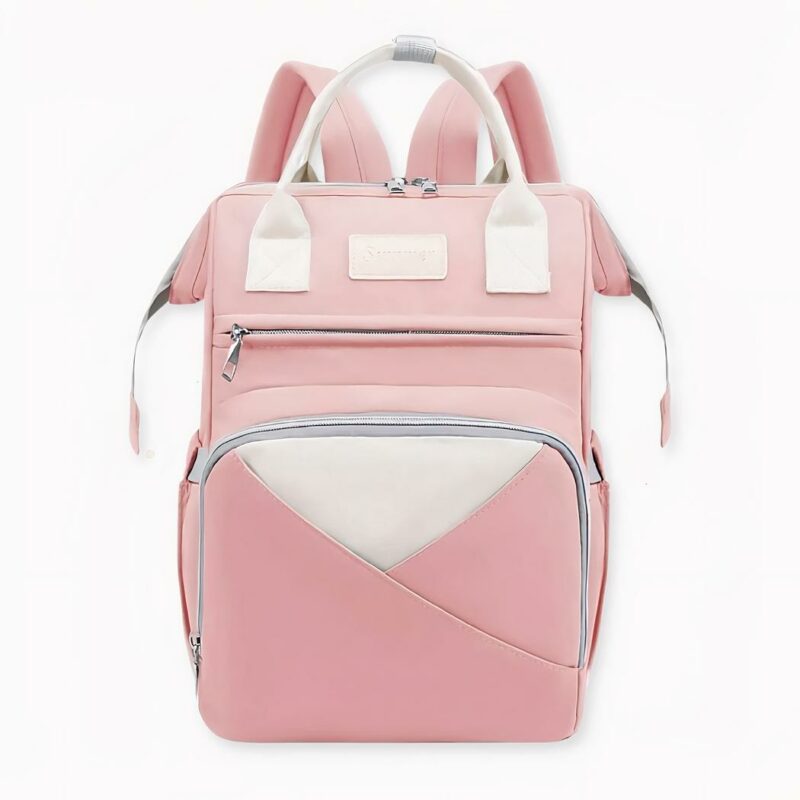 Roze rugzak voor mama met de naam Olivia op de voorkant, op een lichtgrijze achtergrond