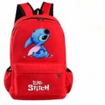 Rode kinderrugzak met het Stitch-personage op de voorkant en Lilo en Stitch op het voorvak.