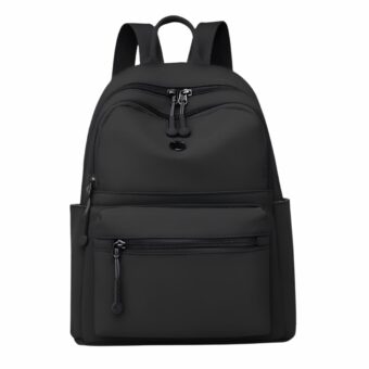 Sac à dos de voyage imperméable femme noir, sur fond blanc cassé