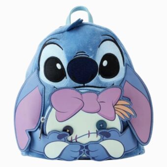 Sac à dos Stitch kawaii et sa peluche Scrump sur fond blanc.