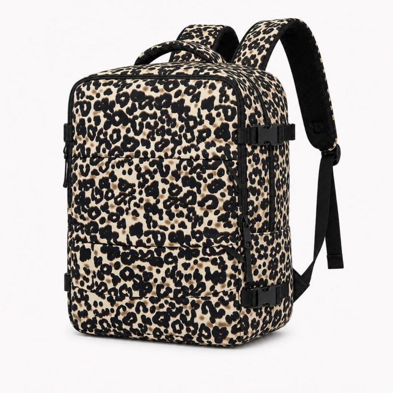 IMG_06_26_reisrugzak_dames_luipaardprint_grote_capaciteit_handbagage_1.jpg Un sac à dos voyage femme imprimé léopard grande capacité cabine posé sur fond blanc, avec plusieurs poches, des bretelles noires et un motif léopard beige et noir.