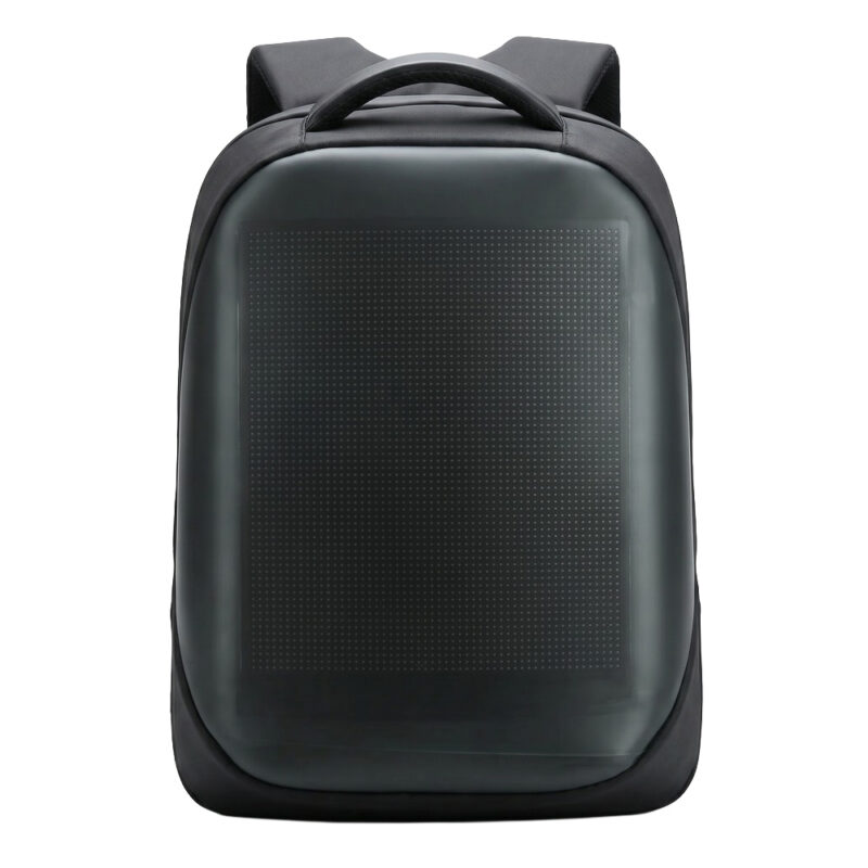 Un sac à dos LED à écran personnalisable noir, avec une grande face lumineuse à l’avant et des bretelles, posé sur fond blanc.