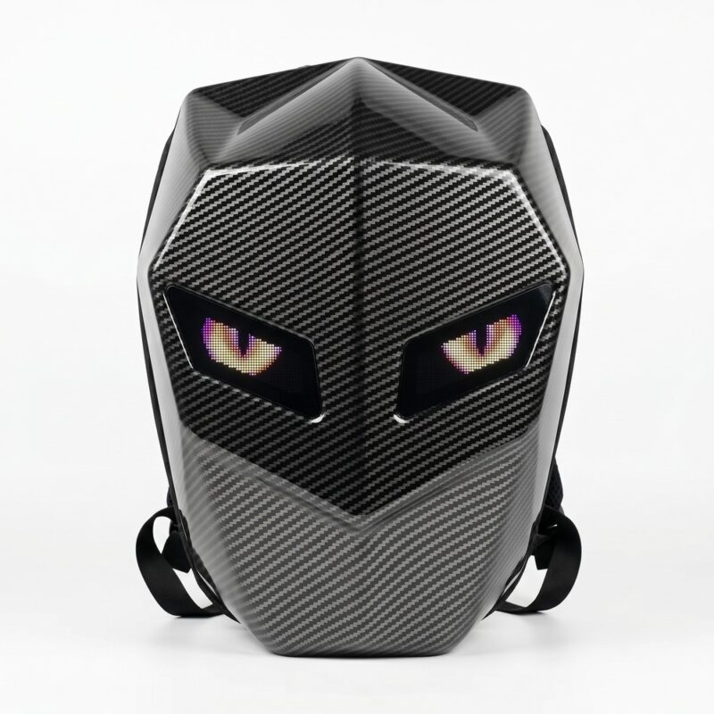 IMG_06_03_sac_dos_led_programmable_moto_aspect_fibre_carbone_1 Un sac à dos LED programmable moto aspect fibre de carbone noir, avec une forme de casque et des yeux lumineux, posé sur fond blanc.