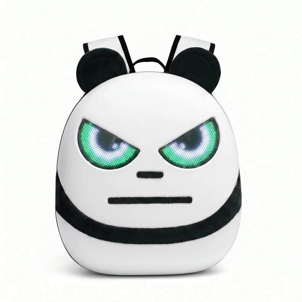 Un sac à dos LED pour enfant en forme de panda blanc et noir, avec de grandes oreilles rondes, des yeux lumineux verts et bleus, posé sur fond blanc.