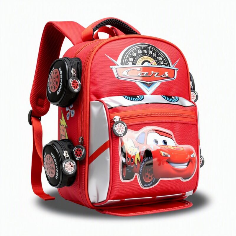 IMG_07_07_cars_rugzak_rood_of_blauw_versierd_met_bliksem_mcqueen_1.jpg Un sac à dos Cars rouge ou bleu orné de Flash McQueen, avec une grande poche frontale et des roues décoratives, posé sur fond blanc.
