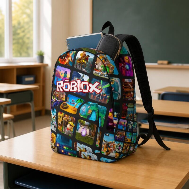 Roblox rugzak met donkere print van speelscènes – gedragen op de rug