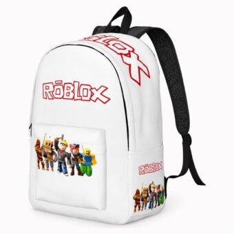 Roblox rugzak met rood logo en personages op een rij – vooraanzicht
